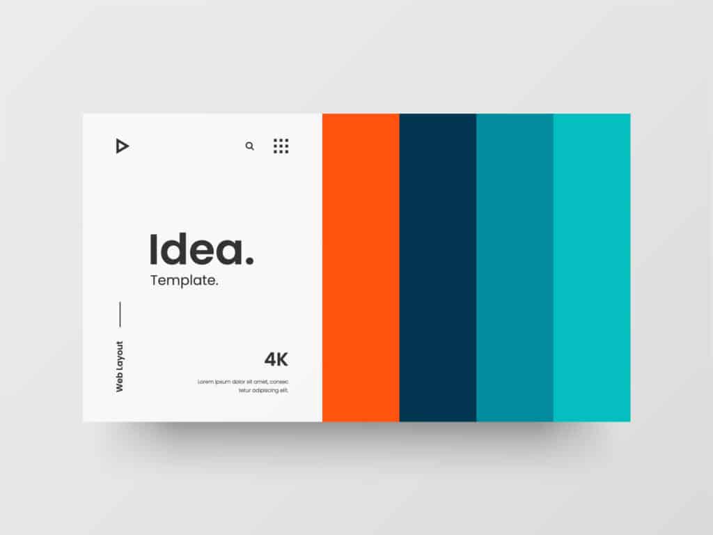 Eine moderne minimalistische Designvorlage mit dem Titel „Ideenvorlage“ mit weißem Hintergrund, minimalistischen Symbolen und Text auf der linken Seite. Auf der rechten Seite befinden sich fünf vertikale Farbabschnitte in Weiß, Orange, Dunkelblau, Marineblau und Türkis.