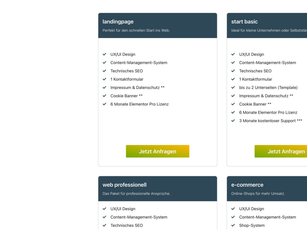 Ein Screenshot einer deutschen Website, auf der verschiedene Servicepakete angezeigt werden. Die Pakete heißen „Landingpage“, „Start Basic“, „Web professionell“ und „E-Commerce“. Jedes Paket listet die enthaltenen Funktionen und Dienste auf, wie z. B. UX/UI-Design und Kontaktformular. Unter jedem Paket befinden sich grüne „Jetzt Anfragen“-Buttons.