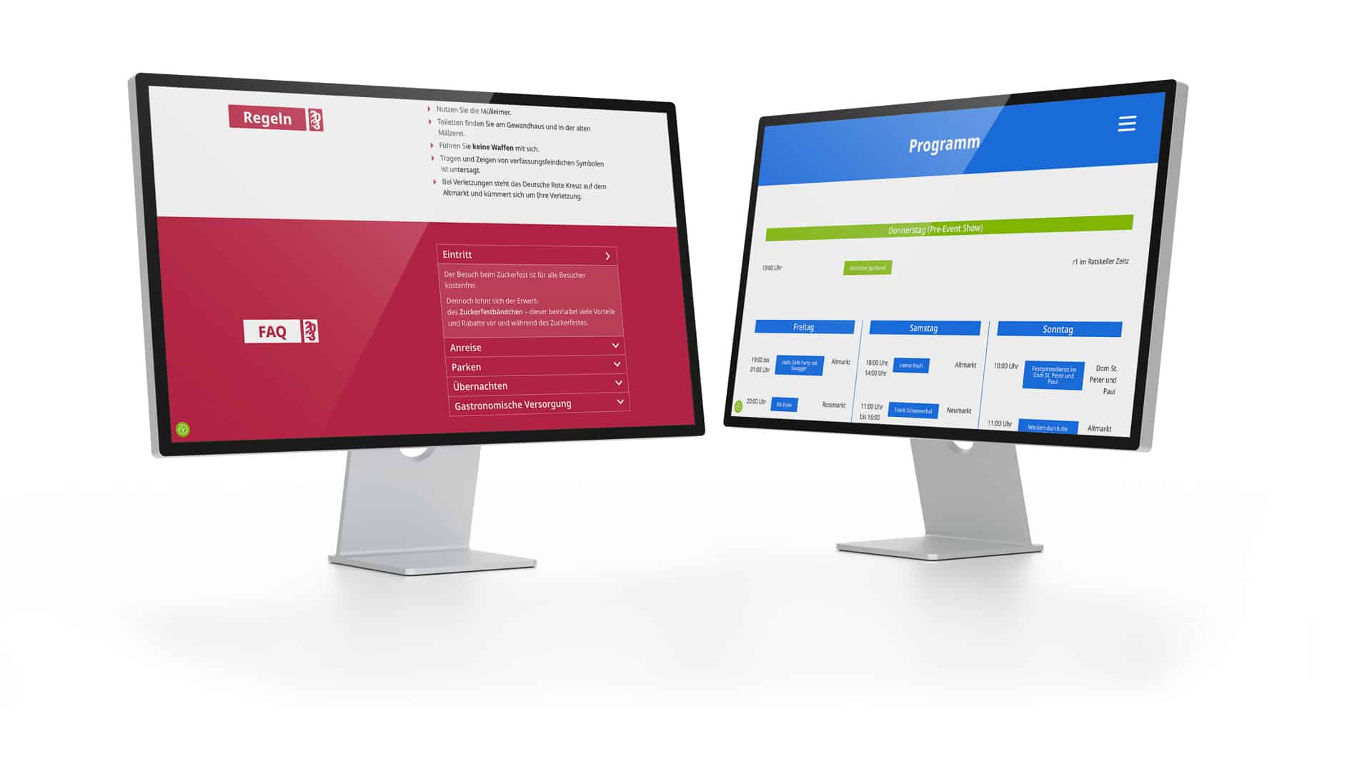 Zwei Computermonitore auf weißen Standfüßen. Der linke Bildschirm zeigt eine rot-weiß gestaltete Webseite mit Menüoptionen und Text in deutscher Sprache. Der rechte Bildschirm zeigt eine blau-weiß gestaltete Webseite mit einem wöchentlichen Programmplan der Web Agentur Leipzig.