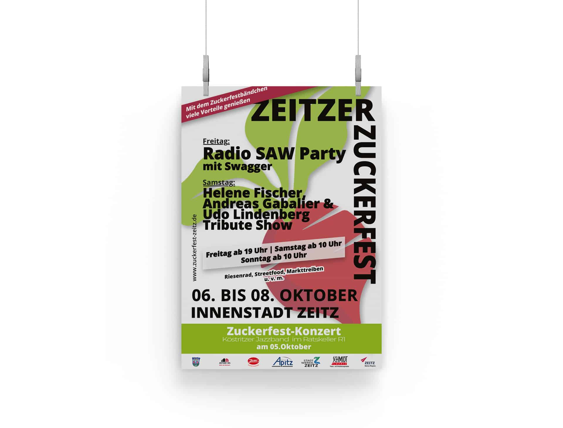 Ein Poster für das Zeitz Zuckerfest vom 6. bis 8. Oktober in der Innenstadt von Zeitz. Zu den Veranstaltungen gehören die Radio SAW Party mit Swagger, Helene Fischer, Andreas Gabalier & Udo Lindenberg Tribute Shows und mehr. Präsentiert von der Web Agentur Leipzig. Enthält unten verschiedene Logos und Kontaktinformationen für Tickets.