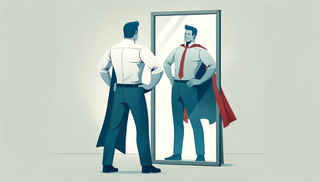 Ein Mann in Business-Kleidung, darunter ein weißes Hemd und eine rote Krawatte, steht selbstbewusst mit den Händen in den Hüften und betrachtet sein Spiegelbild in einem großen Spiegel. In der Spiegelung scheint er einen Superheldenumhang zu tragen, der Selbstbewusstsein und innere Stärke symbolisiert – Eigenschaften, die jeder professionelle Webdesigner für eine effektive Benutzererfahrung (UX) kanalisiert.
