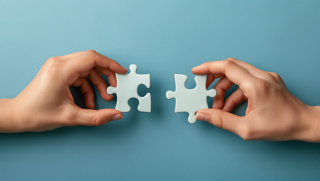 Zwei Hände halten passende Puzzleteile vor blauem Hintergrund. Die Teile werden gerade verbunden, was die Erledigung einer Aufgabe oder die Lösung eines Problems symbolisiert. Die Szene vermittelt Teamarbeit, Zusammenarbeit oder das Zusammenfügen von Teilen zu einem Ganzen.
